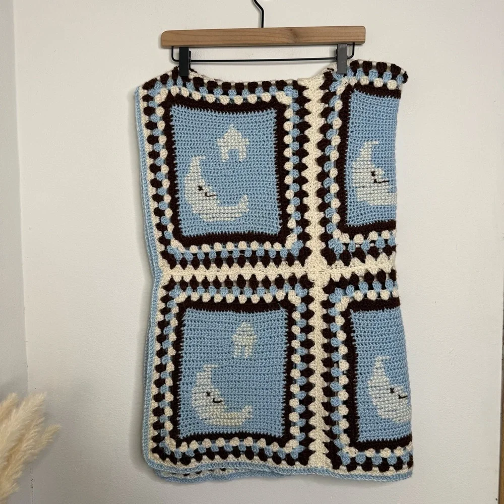 Handmade Granny Square Crochet Baby Blanket Afghan Moon & Stars Blue 40 x 57.5”